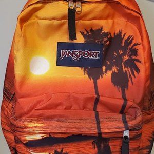 Orange, Palm Tree Jansport bookbag.